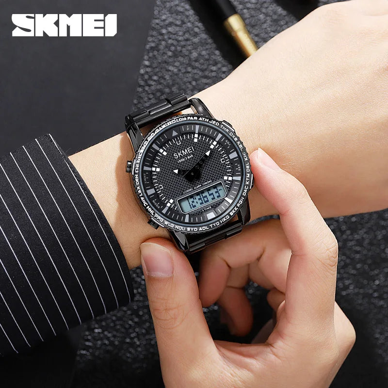SKMEI Dual Time Dial Watch Fashion Steel Men's Men Watches Luxury Led Light Chrono Digital Watch Sport Stopwatch Clock For Men