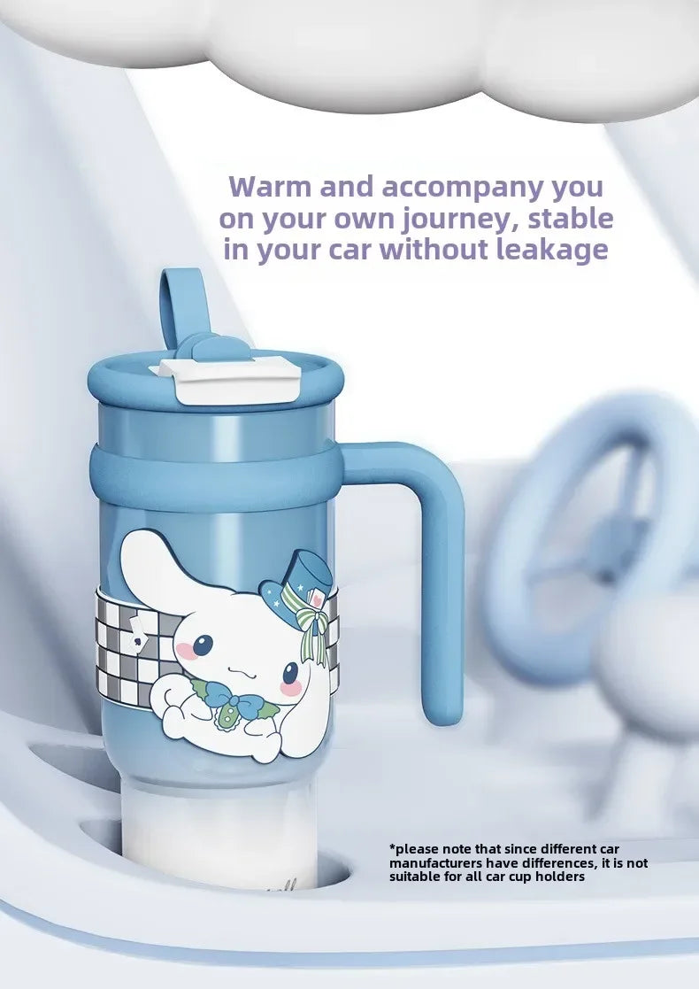 Sanrio 900Ml Thermos Cup Hello Kitty Cinnamoroll Kuromi Design Leakproof Water Cup Portable Bag Car Ice Cup Gift for Friends