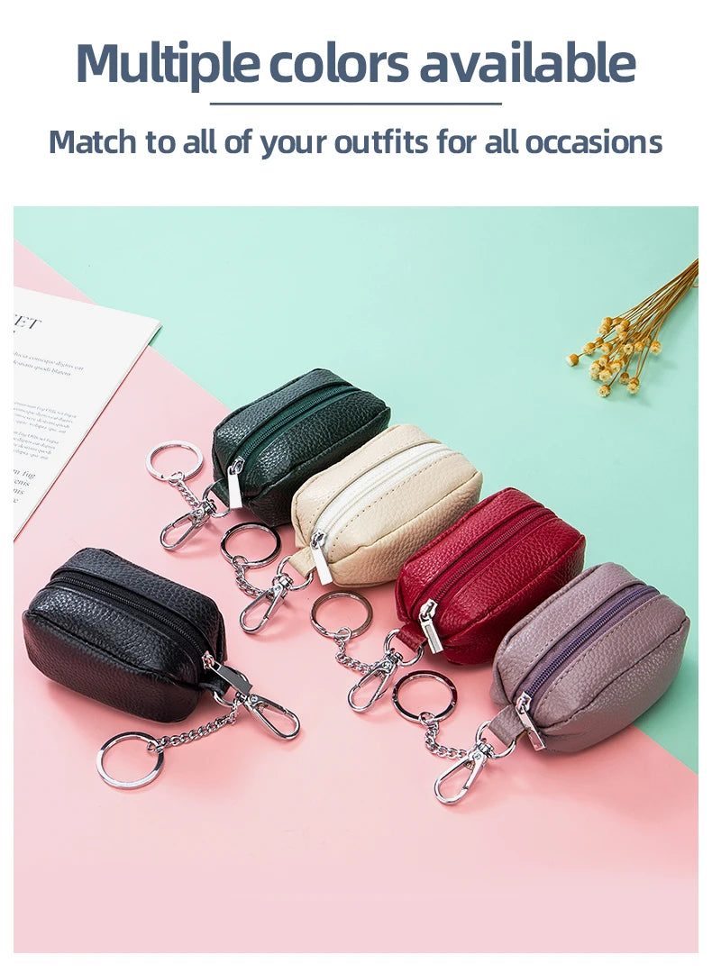 Small Pocket Zipper Key Storage Bag Simple Elegant PU Leather Wallet Car Key Ring Solid Color Lipstick Earphone Pouch Pocket