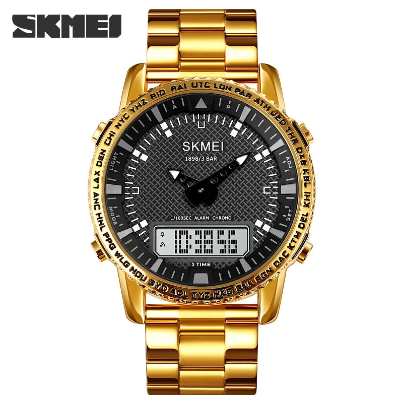 SKMEI Dual Time Dial Watch Fashion Steel Men's Men Watches Luxury Led Light Chrono Digital Watch Sport Stopwatch Clock For Men