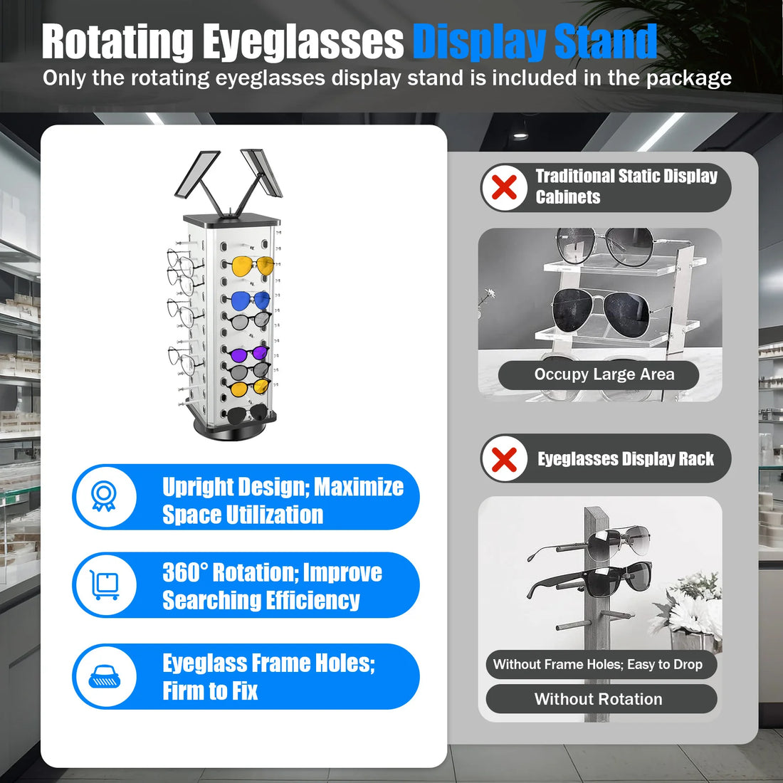 Rotating Eyeglasses Display Stand Hold Up to 44 Pairs of Eyeglasses Ideal for Displaying or Storing Sunglasses, Myopia Glasses