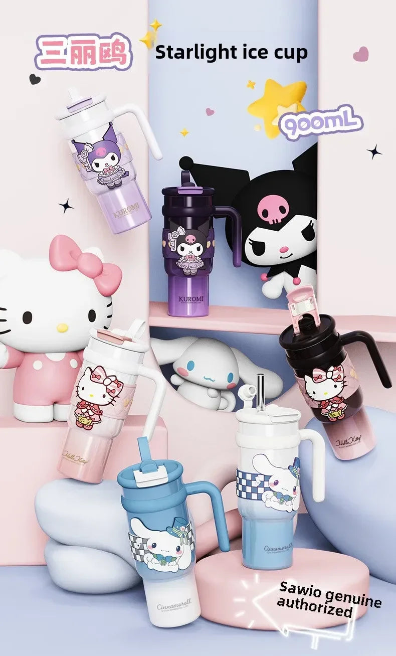 Sanrio 900Ml Thermos Cup Hello Kitty Cinnamoroll Kuromi Design Leakproof Water Cup Portable Bag Car Ice Cup Gift for Friends