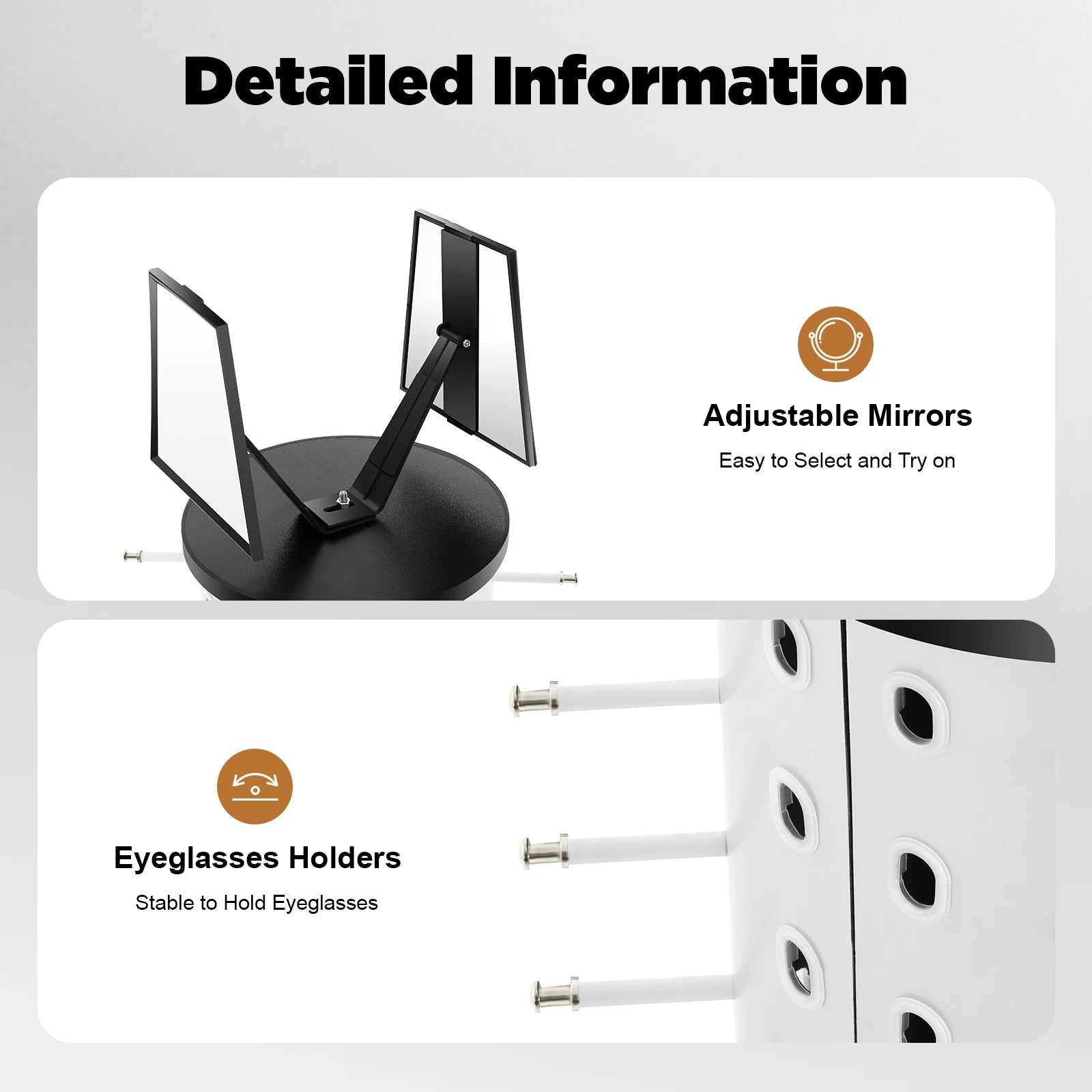 Bymaocar Sunglasses Display Rack 360° Rotating  44 Pieces + Mirror Spinning Stand Glass Holder Home Decor with Hooks and Holes