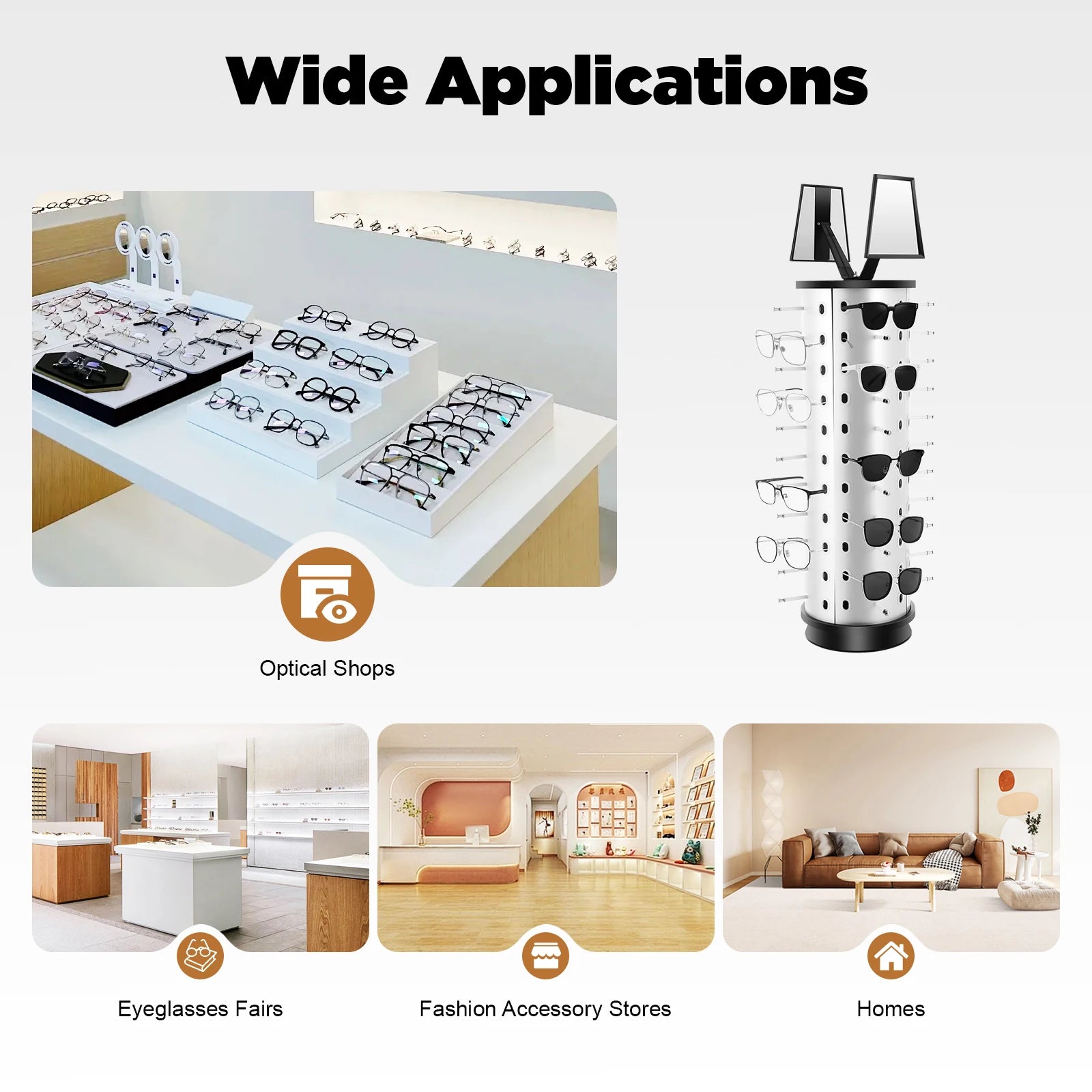 Bymaocar Sunglasses Display Rack 360° Rotating  44 Pieces + Mirror Spinning Stand Glass Holder Home Decor with Hooks and Holes