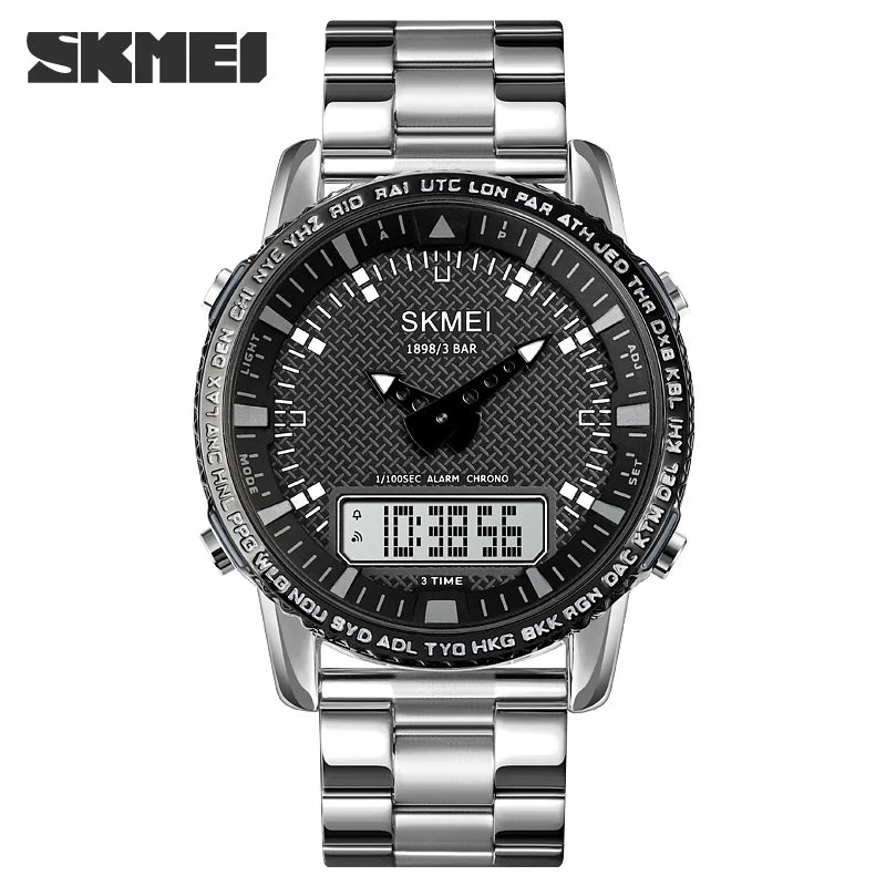 SKMEI Dual Time Dial Watch Fashion Steel Men's Men Watches Luxury Led Light Chrono Digital Watch Sport Stopwatch Clock For Men